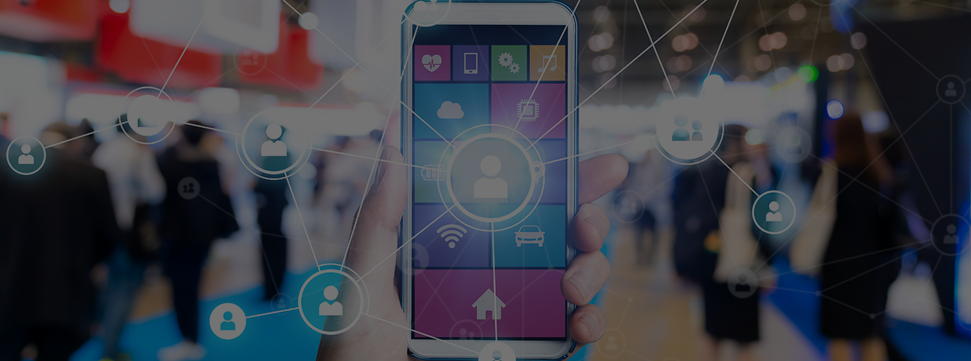 Mobile app on a cell phone shows several ways to connect with people.