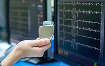 A hand holds up a permanent pacemaker implantation device